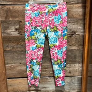 EUC BCG pink turquoise floral legging with side pocket XL-16 30 in long